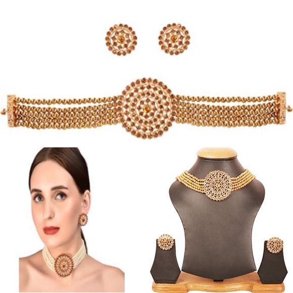 Touchstone Jewelry - Touchstone Bollywood Yellow Rhinestone Gold Beaded Choker Necklace & Earrings